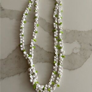 Vintage White Tulip & Green Leaf Beaded Necklace